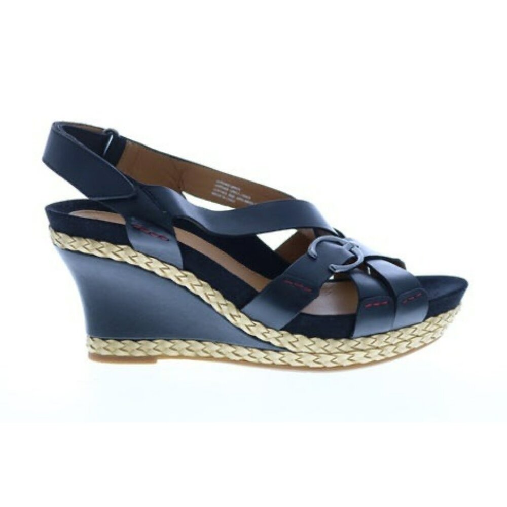 Earthies Black Leather Espadrille Wedge Sandals With Red Stitching & Buckle Stra
